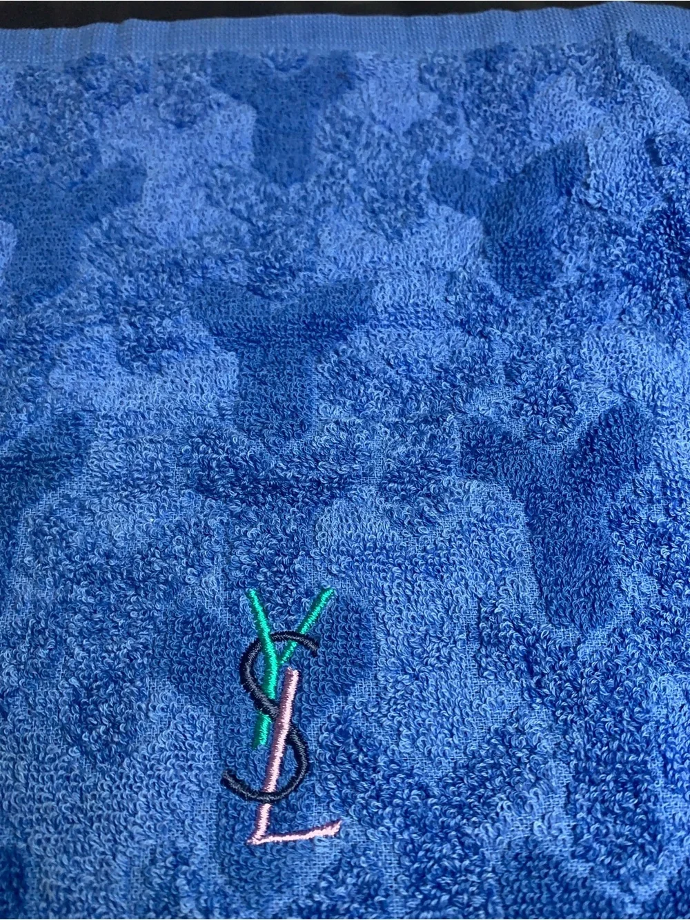 Yves Saint Laurent Blue Towel with Teal, Pink & Black Accents